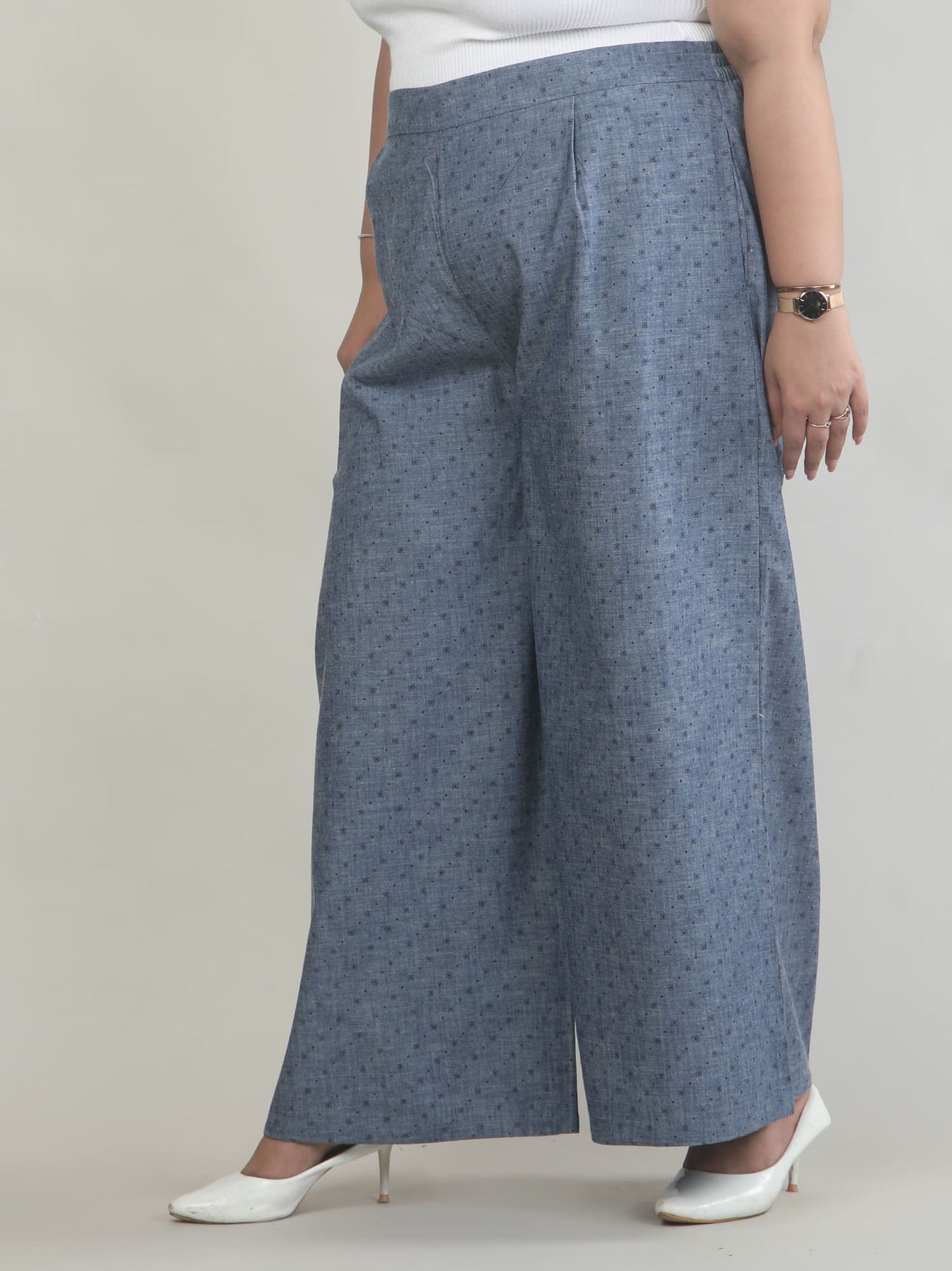 Women Denim Blue Printed Palazzo Pants | DP0031