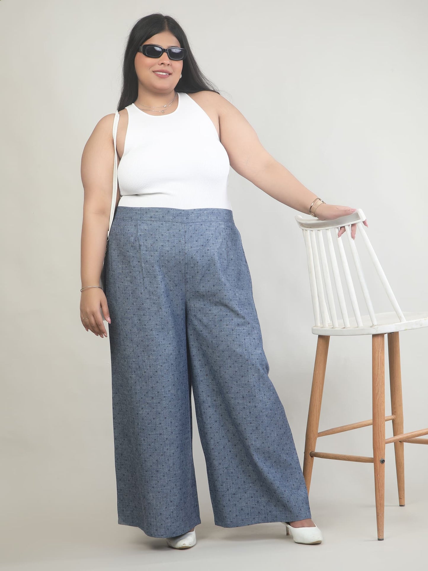 Women Denim Blue Printed Palazzo Pants | DP0031