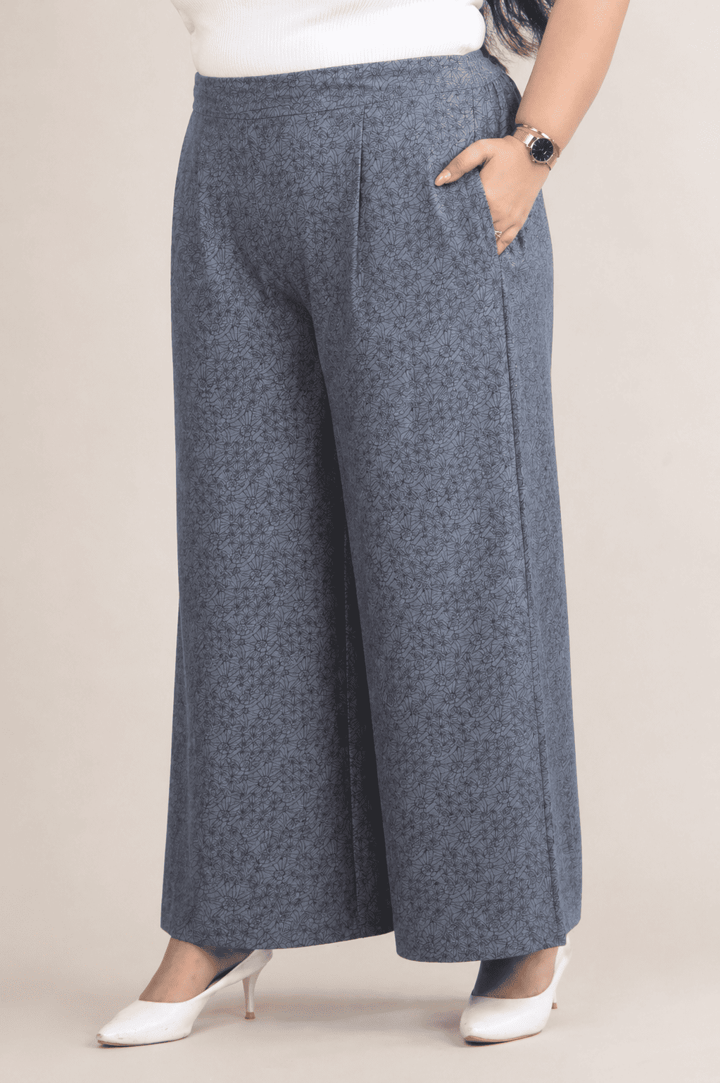 Women Denim Blue Printed Palazzo Pants | TRICO