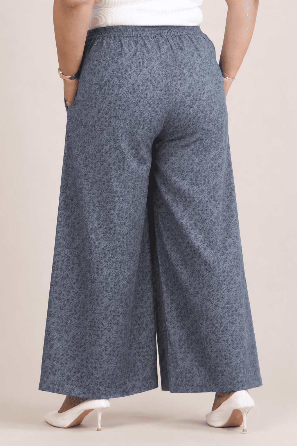 Women Denim Blue Printed Palazzo Pants | TRICO