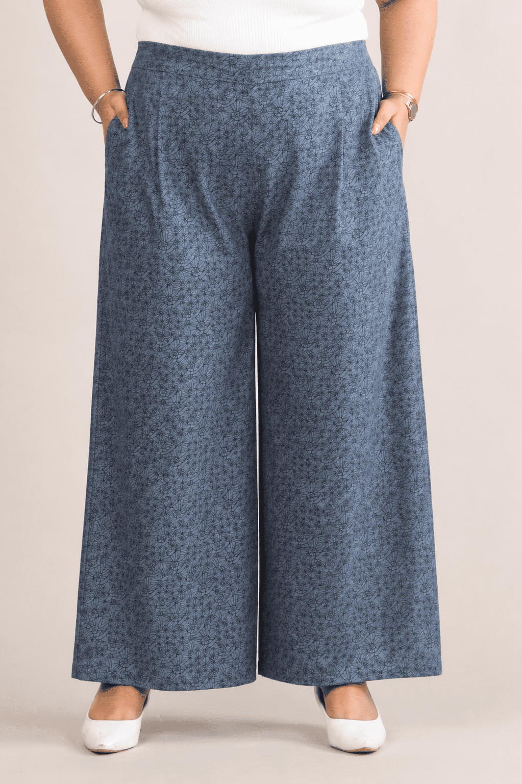 Women Denim Blue Printed Palazzo Pants | TRICO