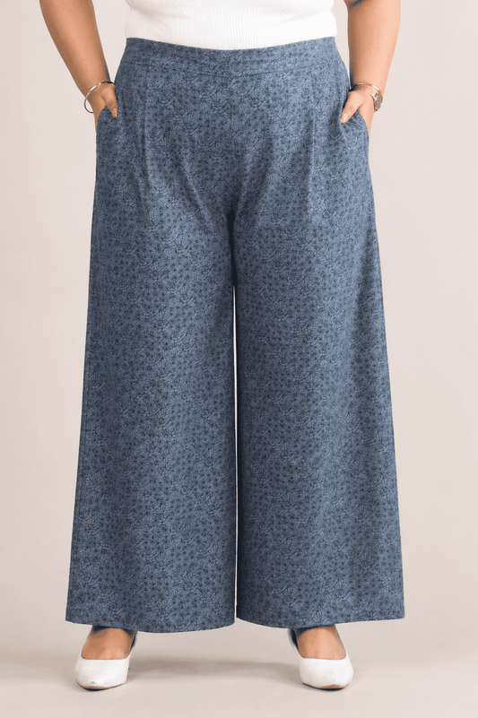 Women Denim Blue Printed Palazzo Pants | TRICO