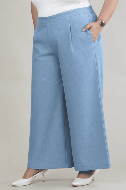 Women Denim Blue Printed Palazzo Pants | BLEECH