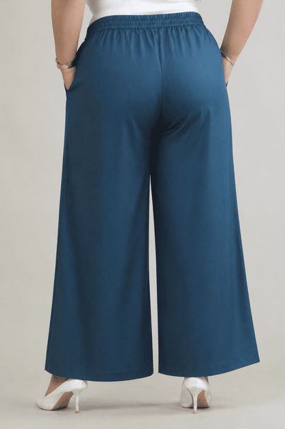 Women Denim Blue Printed Palazzo Pants | TEUCO