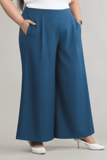 Women Denim Blue Printed Palazzo Pants | TEUCO