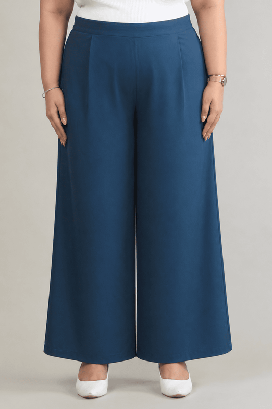 Women Denim Blue Printed Palazzo Pants | TEUCO
