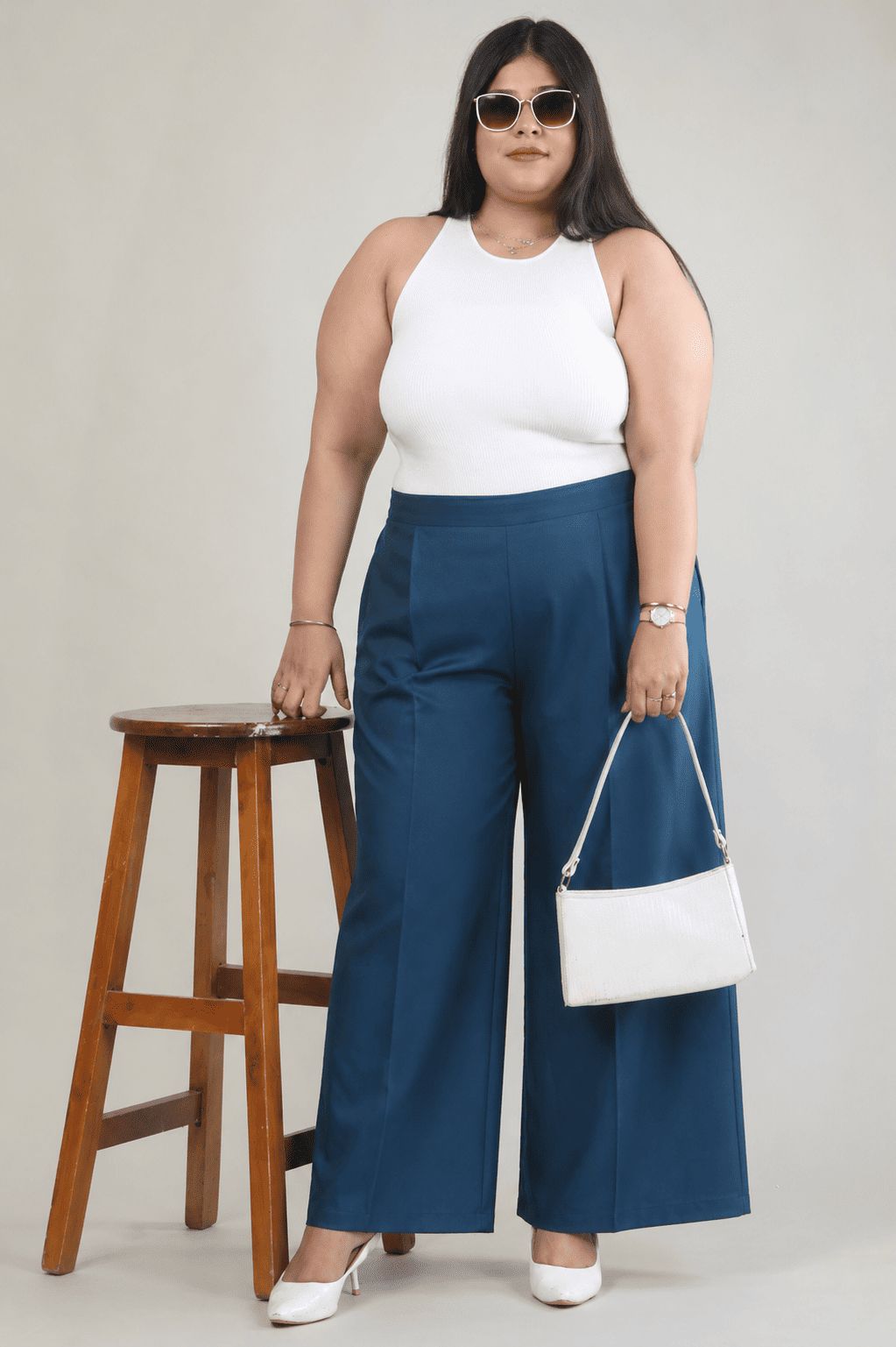 Women Denim Blue Printed Palazzo Pants | TEUCO