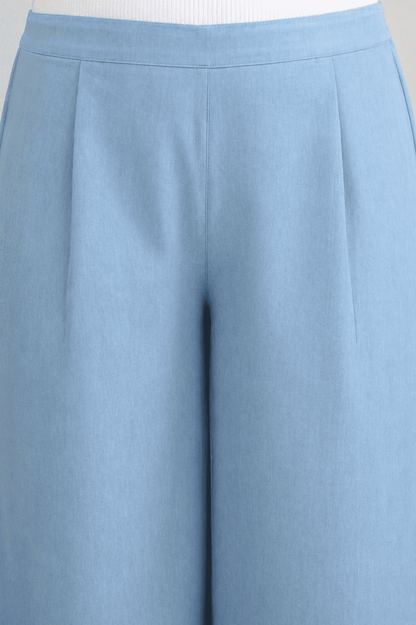 Women Denim Blue Printed Palazzo Pants | BLEECH