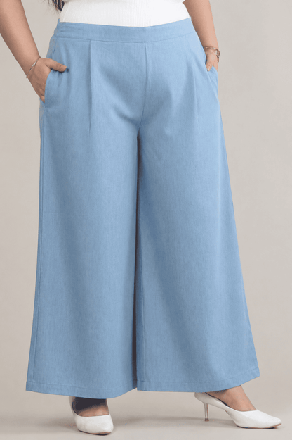 Women Denim Blue Printed Palazzo Pants | BLEECH