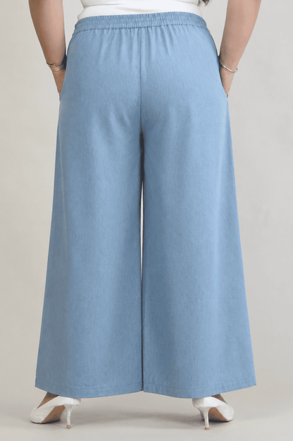 Women Denim Blue Printed Palazzo Pants | BLEECH