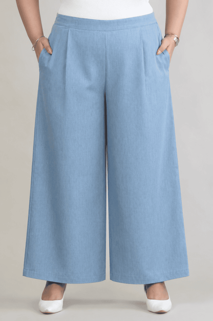 Women Denim Blue Printed Palazzo Pants | BLEECH