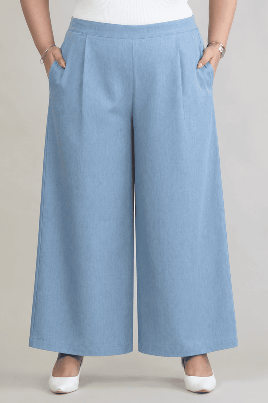 Women Denim Blue Printed Palazzo Pants | BLEECH