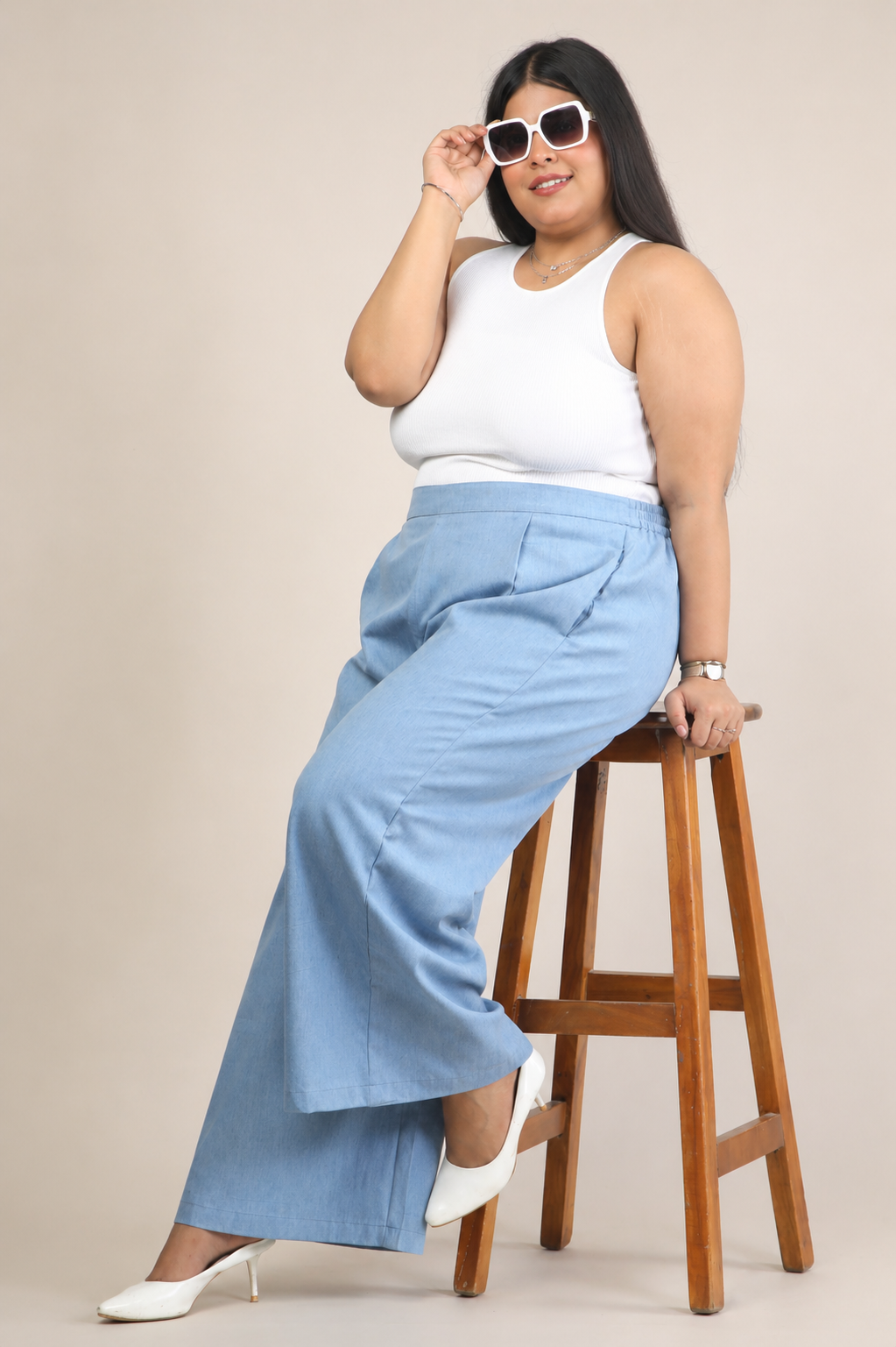 Women Denim Blue Printed Palazzo Pants | BLEECH